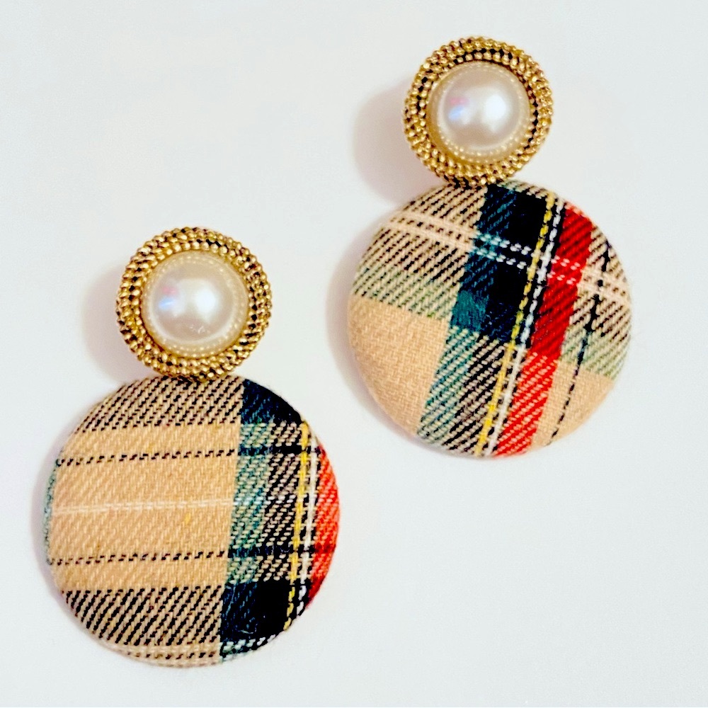 Plaid and Faux Pearl Button Earrings - Picture 3 of 5